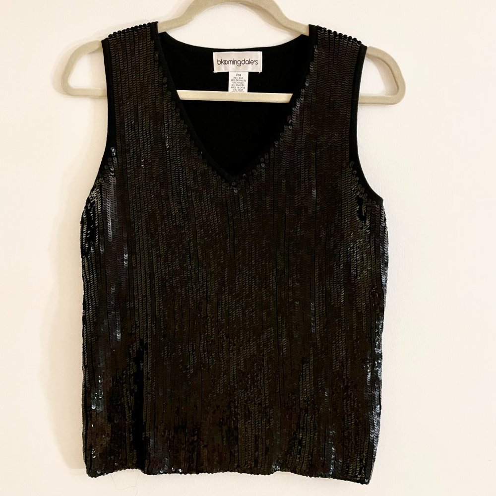 Bloomingdale's Black Sequin V Neck Shirt
